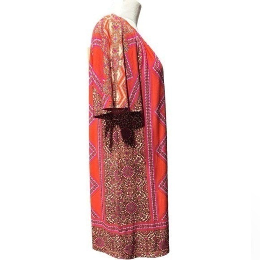 Chico's Dress Womens 1 M Orange Pink Paisley Print Short Sleeve Shift Boho Midi - Picture 3 of 4